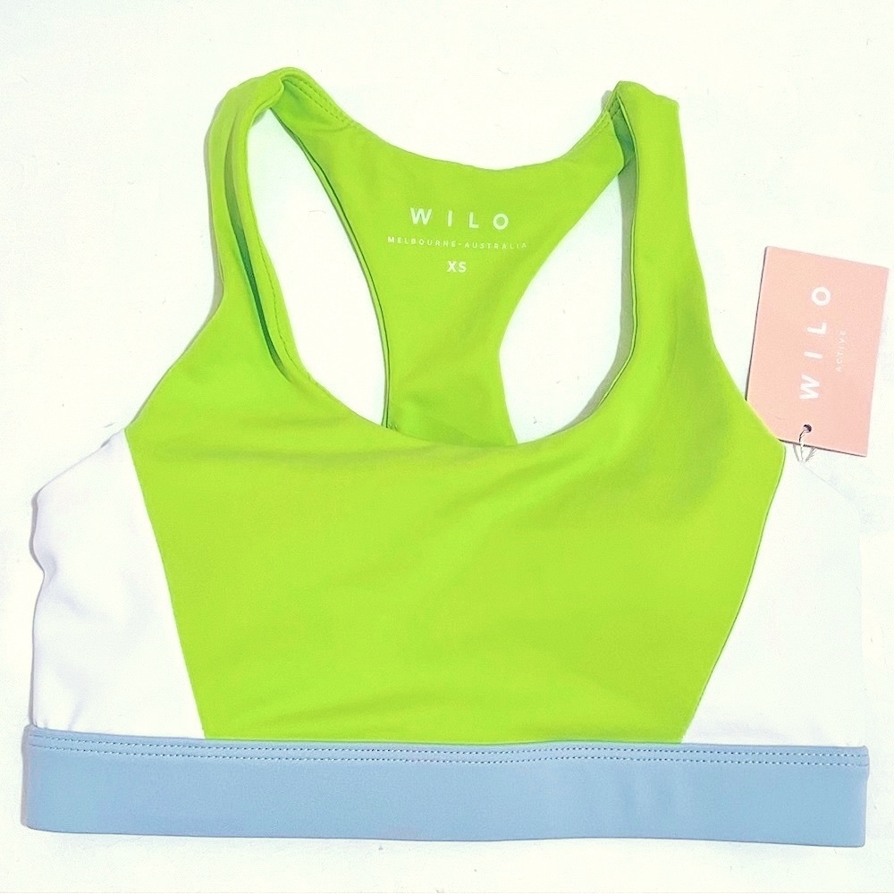 NWT X-Small WILO Color Block Neon Green Lime White Gray Longline Sports Bra XS